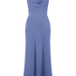 The Lela Rose Linen Twist Detail Dress is a sleeveless, floor-length blue gown with a scoop neck, draped neckline, fitted waist, and elegant A-line skirt, showcased against a plain white background.