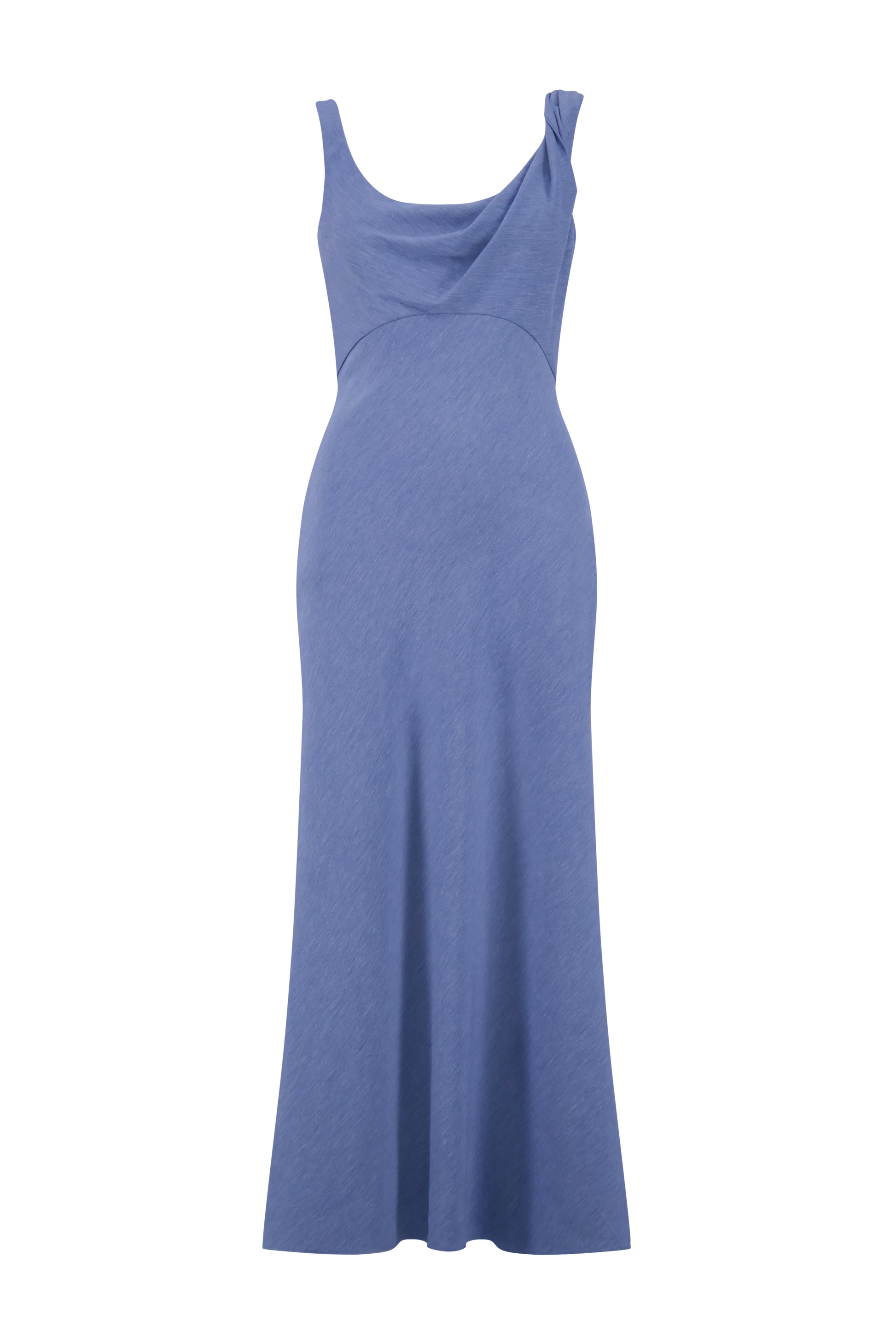 The Lela Rose Linen Twist Detail Dress is a sleeveless, floor-length blue gown with a scoop neck, draped neckline, fitted waist, and elegant A-line skirt, showcased against a plain white background.