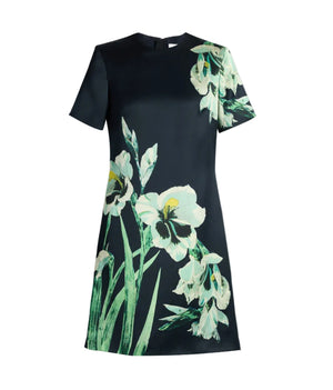 Erdem Floral Duchess Short Sleeve Mini Dress in dark navy featuring a painterly orchid floral print in light colors.