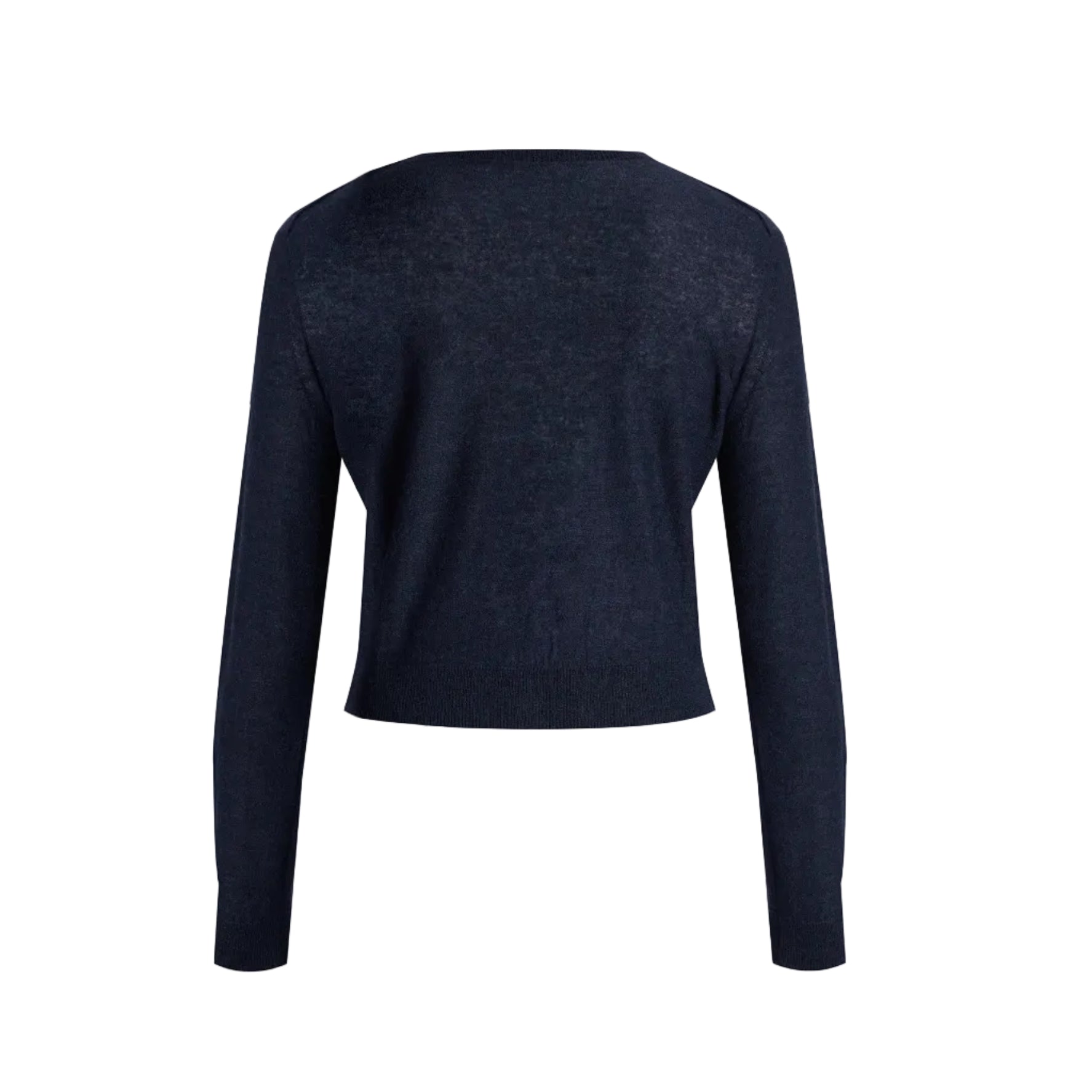 The Erdem Fine Alpaca Blend Fitted Cardigan from the Pre Fall 2026 collection is shown from the back in navy blue, featuring a simple crew neckline and cropped hem with Belle Époque–inspired elegance.