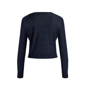 The Erdem Fine Alpaca Blend Fitted Cardigan from the Pre Fall 2026 collection is shown from the back in navy blue, featuring a simple crew neckline and cropped hem with Belle Époque–inspired elegance.
