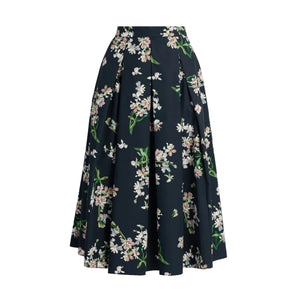 The Erdem Floral Cotton Midi Pleated Skirt is crafted from navy cotton poplin, featuring an all-over white and pink floral print and a pleated midi-length design.