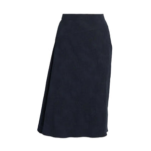 The Flower Jacquard Drape Midi Skirt by Erdem is a black, knee-length A-line skirt with subtle jacquard texture and tattoo-inspired motifs, displayed against a plain white background.