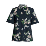 The Erdem Floral Cotton Short Sleeve Shirt is a navy button-up featuring white and pink orchids with green stems and leaves, made from soft cotton poplin.