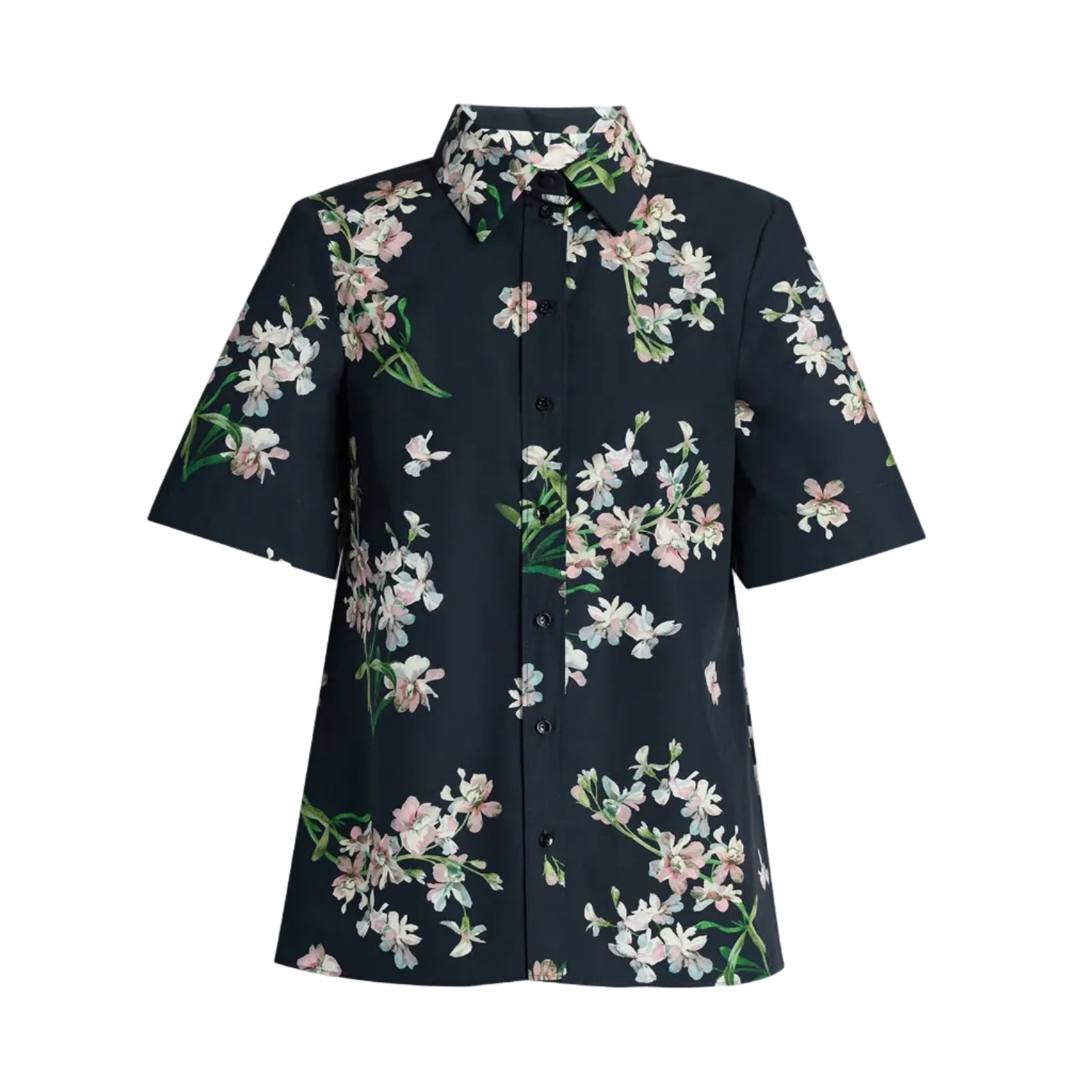 The Erdem Floral Cotton Short Sleeve Shirt is a navy button-up featuring white and pink orchids with green stems and leaves, made from soft cotton poplin.