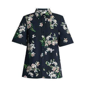 The Erdem Floral Cotton Short Sleeve Shirt is a navy button-up featuring white and pink orchids with green stems and leaves, made from soft cotton poplin.