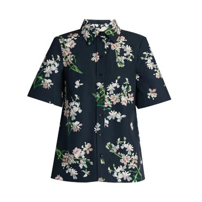 The Erdem Floral Cotton Short Sleeve Shirt is a navy button-up featuring white and pink orchids with green stems and leaves, made from soft cotton poplin.