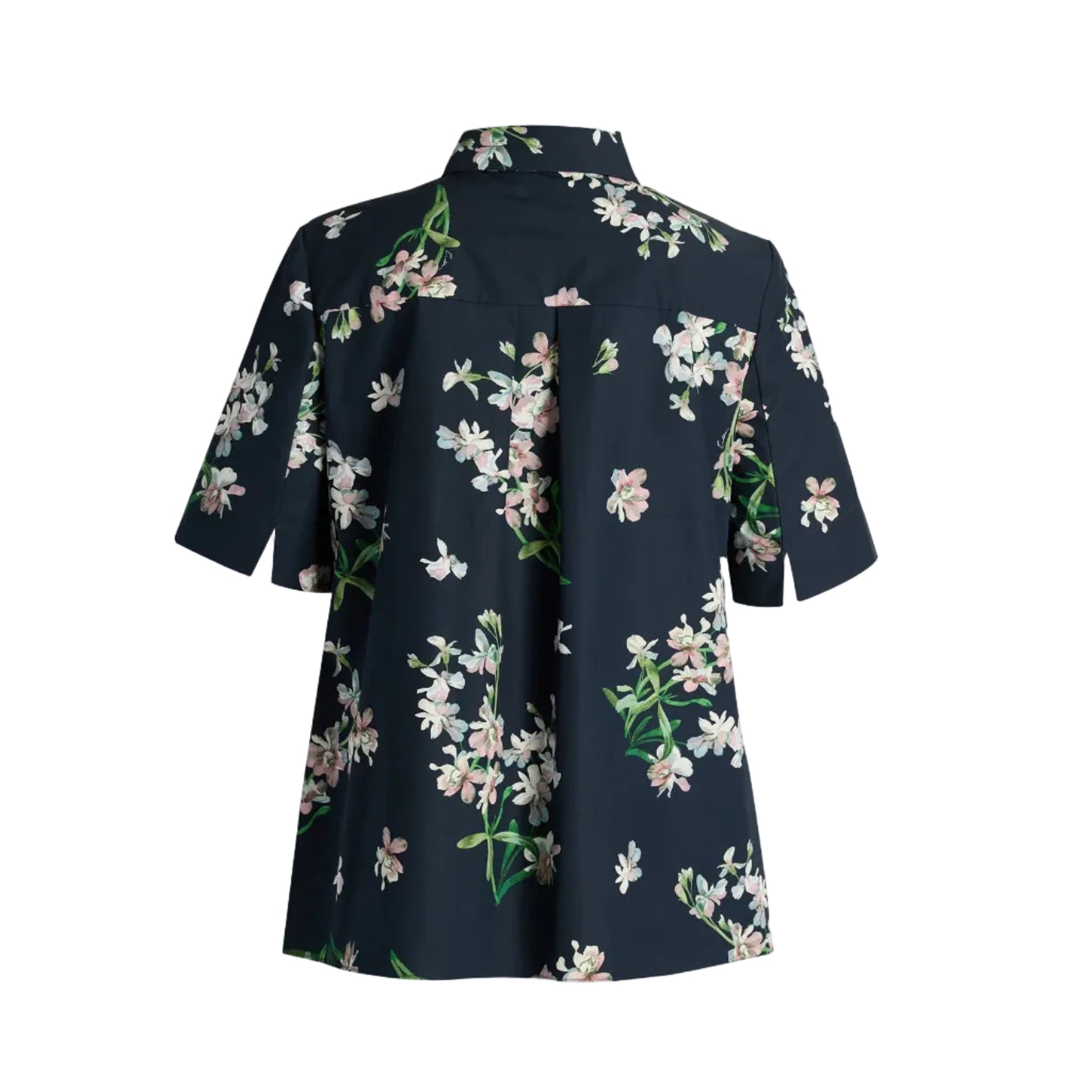 The Erdem Floral Cotton Short Sleeve Shirt features a dark navy cotton poplin with a white and pink orchid print, styled with a collar and short sleeves, shown from the back against a plain background.