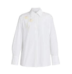 The Erdem Floral Embroidered Long Sleeve Shirt features a classic collar, white cotton poplin fabric, and subtle floral embroidery on the left chest.