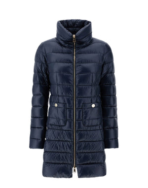 The Herno Maria Jacket is a navy blue quilted puffer coat made from ultralight nylon, featuring a high collar, front zipper closure, and two buttoned front flap pockets.