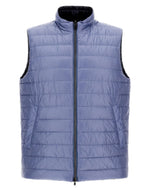 The Herno Nylon Ultralight Down Reversible Vest is a blue, sleeveless puffer made from ultralight nylon and features a front zipper.