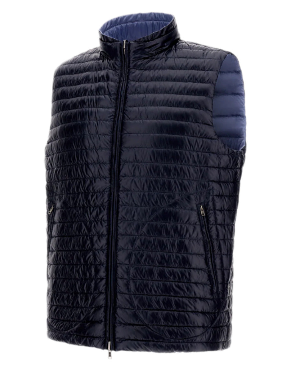 A black Herno Nylon Ultralight Down Reversible Vest, made from quilted nylon with a front zipper and two zipped pockets, displayed on a white background.