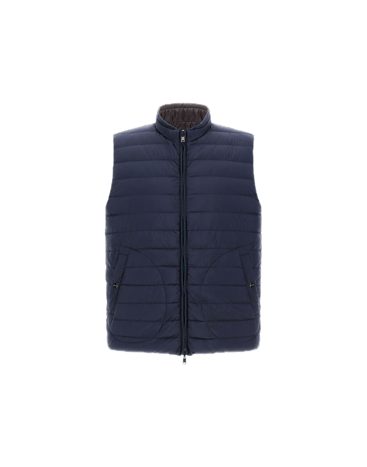 The Herno Quilted Reversible Vest is shown on a plain white background, featuring a navy blue quilted nylon design with injected down padding for added warmth. It includes a front zipper closure and two side pockets.