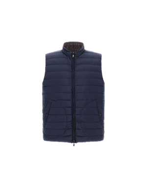 The Herno Quilted Reversible Vest is shown on a plain white background, featuring a navy blue quilted nylon design with injected down padding for added warmth. It includes a front zipper closure and two side pockets.