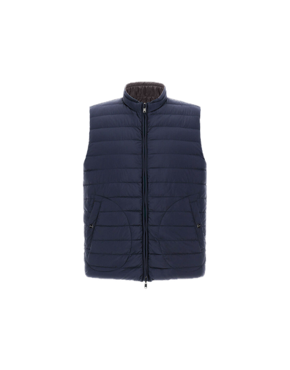 The Herno Quilted Reversible Vest is shown on a plain white background, featuring a navy blue quilted nylon design with injected down padding for added warmth. It includes a front zipper closure and two side pockets.