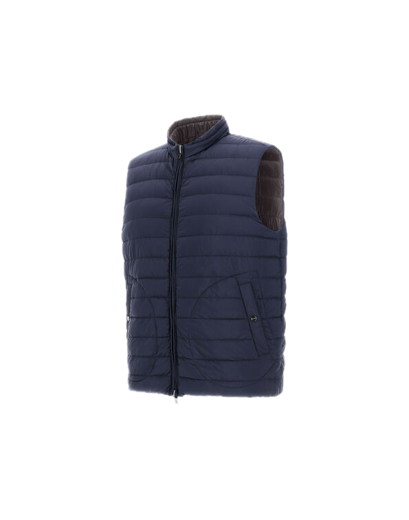 The Herno Quilted Reversible Vest in navy blue features a sleeveless, quilted design with injected down padding for added warmth. It is styled with front snap-button pockets, a front zipper closure, and a stand collar, and is displayed on a plain white background.