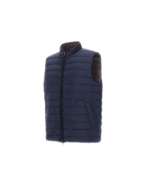The Herno Quilted Reversible Vest in navy blue features a sleeveless, quilted design with injected down padding for added warmth. It is styled with front snap-button pockets, a front zipper closure, and a stand collar, and is displayed on a plain white background.