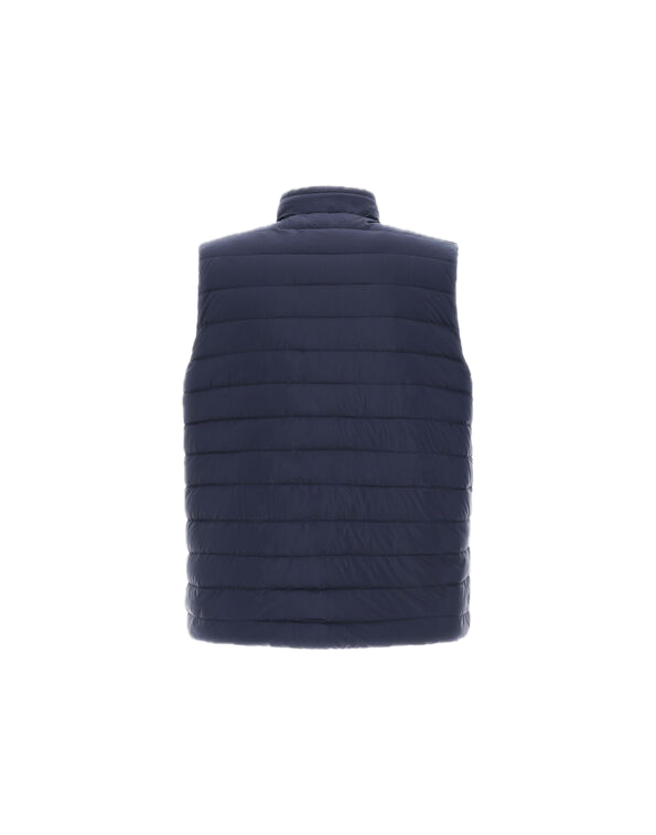 The Herno Quilted Reversible Vest in navy blue features injected down padding and is displayed from the back against a plain white background.