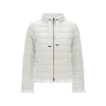 The Herno Linen Quilted Drawstring Jacket features a white, long-sleeve design with a high collar, front zipper, and two front drawstrings, showcased on a plain background for a vintage-inspired look.