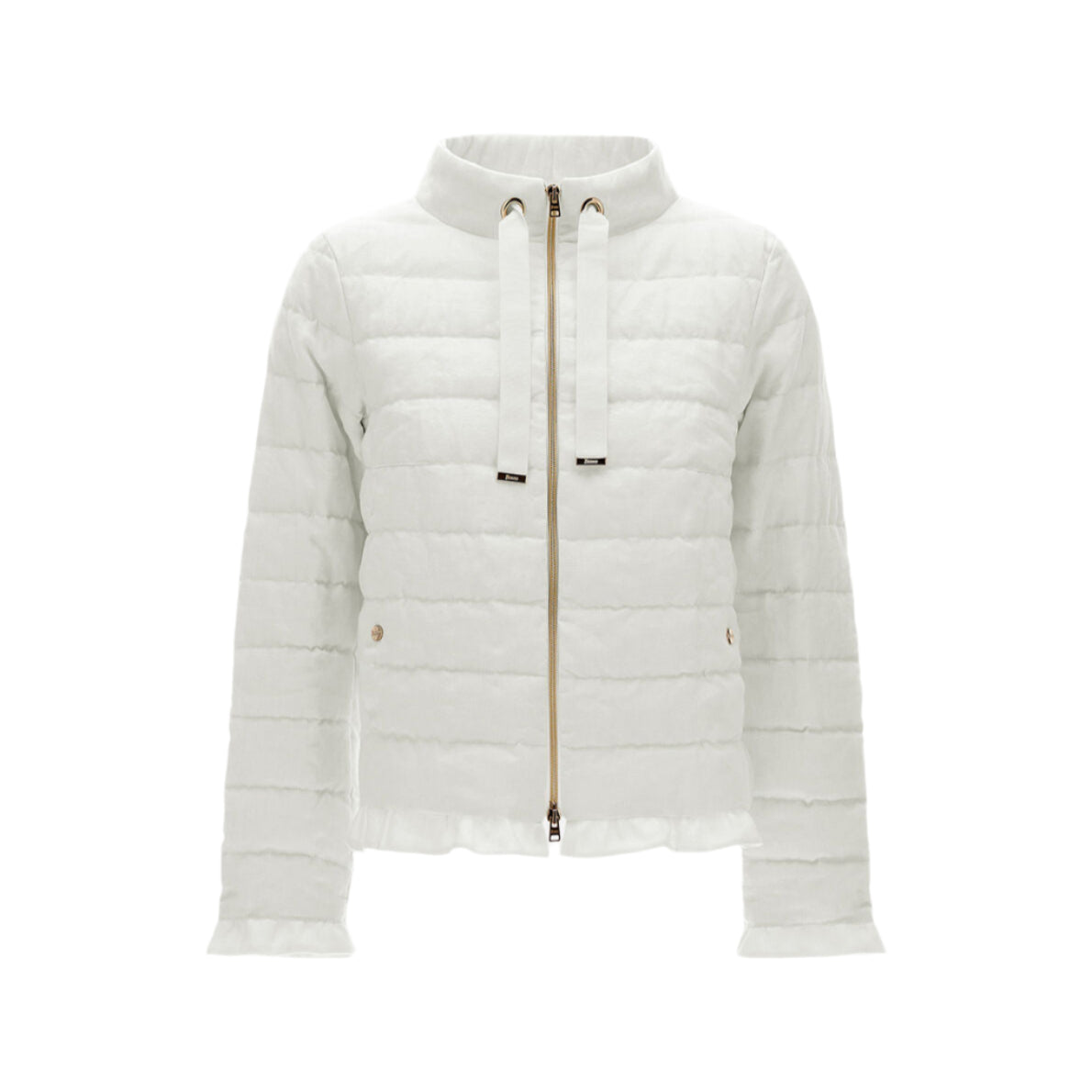 The Herno Linen Quilted Drawstring Jacket features a white, long-sleeve design with a high collar, front zipper, and two front drawstrings, showcased on a plain background for a vintage-inspired look.