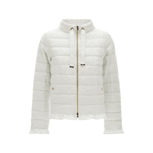 The Herno Linen Quilted Drawstring Jacket features a white, long-sleeve design with a high collar, front zipper, and two front drawstrings, showcased on a plain background for a vintage-inspired look.