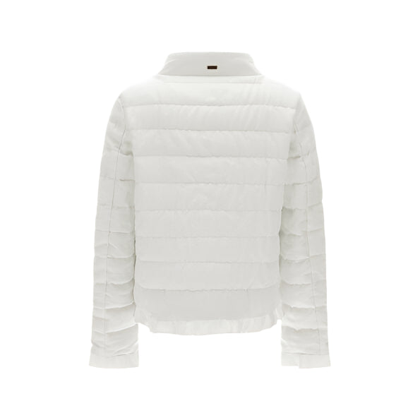 The Herno Linen Quilted Drawstring Jacket, featuring long sleeves and a vintage-inspired design, is displayed from the back against a plain white background.