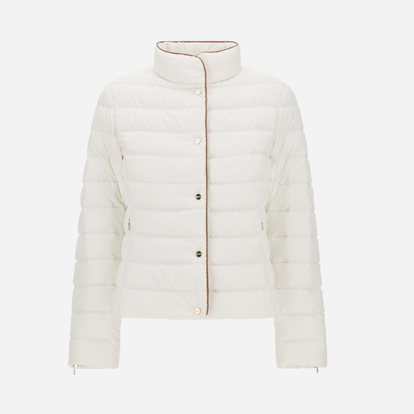 The Herno Arendelle Jacket is a white, quilted puffer made from super-matt polyester with long sleeves, a high collar, and front snap buttons, shown against a plain background.