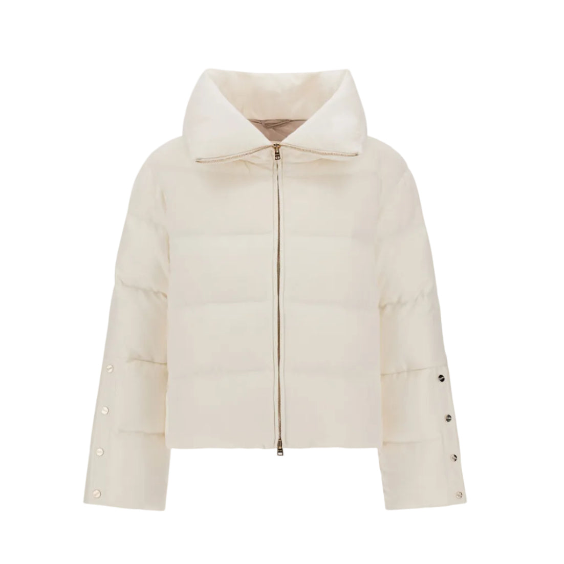 Off-white, cropped Herno Cashmere Silk Jacket with an oversized collar, center zipper, snap-button sleeve details, and an eco-friendly water-repellent finish.