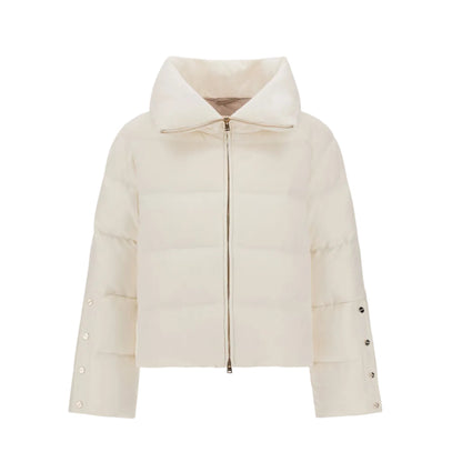 Off-white, cropped Herno Cashmere Silk Jacket with an oversized collar, center zipper, snap-button sleeve details, and an eco-friendly water-repellent finish.