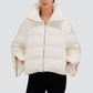 Off-white, eco-friendly, water-repellent Herno Cashmere Silk Jacket featuring an oversized collar and wide, snap-button sleeves.