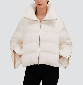 Off-white, eco-friendly, water-repellent Herno Cashmere Silk Jacket featuring an oversized collar and wide, snap-button sleeves.