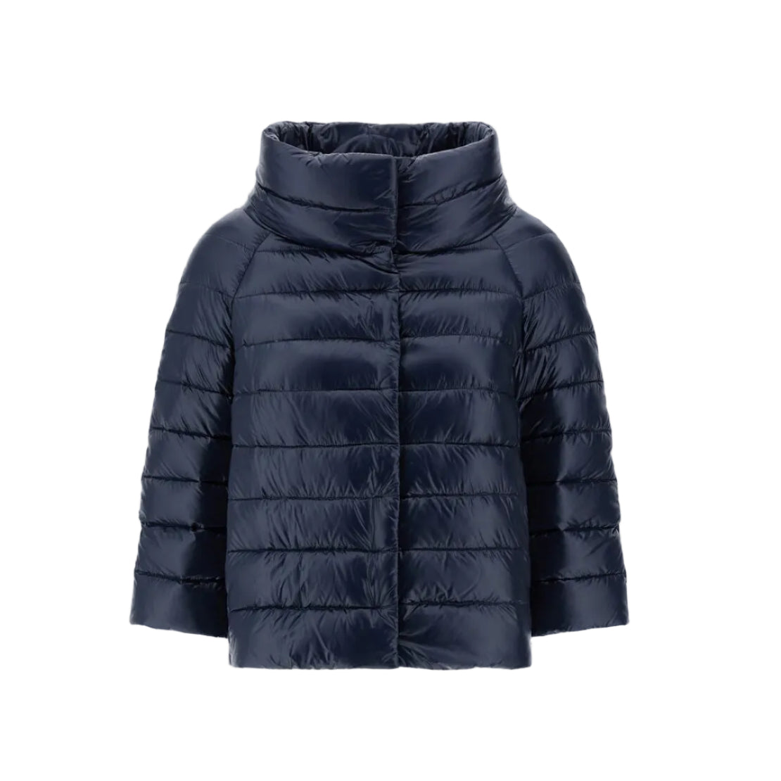 Herno Sofia Ultralight Nylon Cape in navy blue, featuring a quilted design with injected down padding, a high collar, and three-quarter length sleeves.