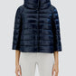 Navy blue Herno Sofia Ultralight Nylon Cape in a quilted design with a high collar and bejewelled three-quarter length sleeves.