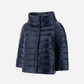 Herno Sofia Ultralight Nylon Cape in navy blue with a high collar, injected down padding, and three-quarter length sleeves.