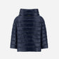 Herno Sofia Ultralight Nylon Cape in navy blue, featuring a quilted design, high collar, and bejewelled three-quarter length sleeves.