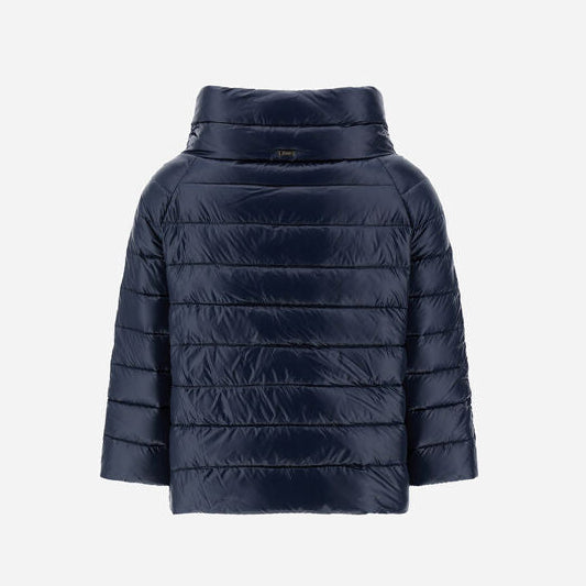 Herno Sofia Ultralight Nylon Cape in navy blue, featuring a quilted design, high collar, and bejewelled three-quarter length sleeves.