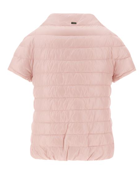 A light pink, short-sleeved Herno Emilia Cape with goose down padding is displayed from the back, highlighting its distinctive design.