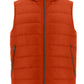 The Herno Men's Nylon Ultralight Reversible Vest by Herno is an orange, zip-up puffy vest featuring two side pockets, a high collar, and filled with goose down feathers.