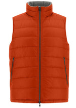 The Herno Men's Nylon Ultralight Reversible Vest by Herno is an orange, zip-up puffy vest featuring two side pockets, a high collar, and filled with goose down feathers.