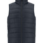 Herno Men's Nylon Ultralight Reversible Vest is a dark grey, quilted puffer vest with a high collar and front zipper, featuring two side zip pockets and filled with premium goose down feathers.