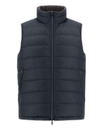 Herno Men's Nylon Ultralight Reversible Vest is a dark grey, quilted puffer vest with a high collar and front zipper, featuring two side zip pockets and filled with premium goose down feathers.