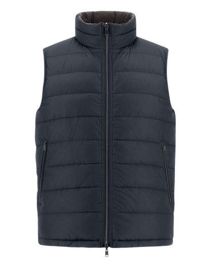 Herno Men's Nylon Ultralight Reversible Vest is a dark grey, quilted puffer vest with a high collar and front zipper, featuring two side zip pockets and filled with premium goose down feathers.