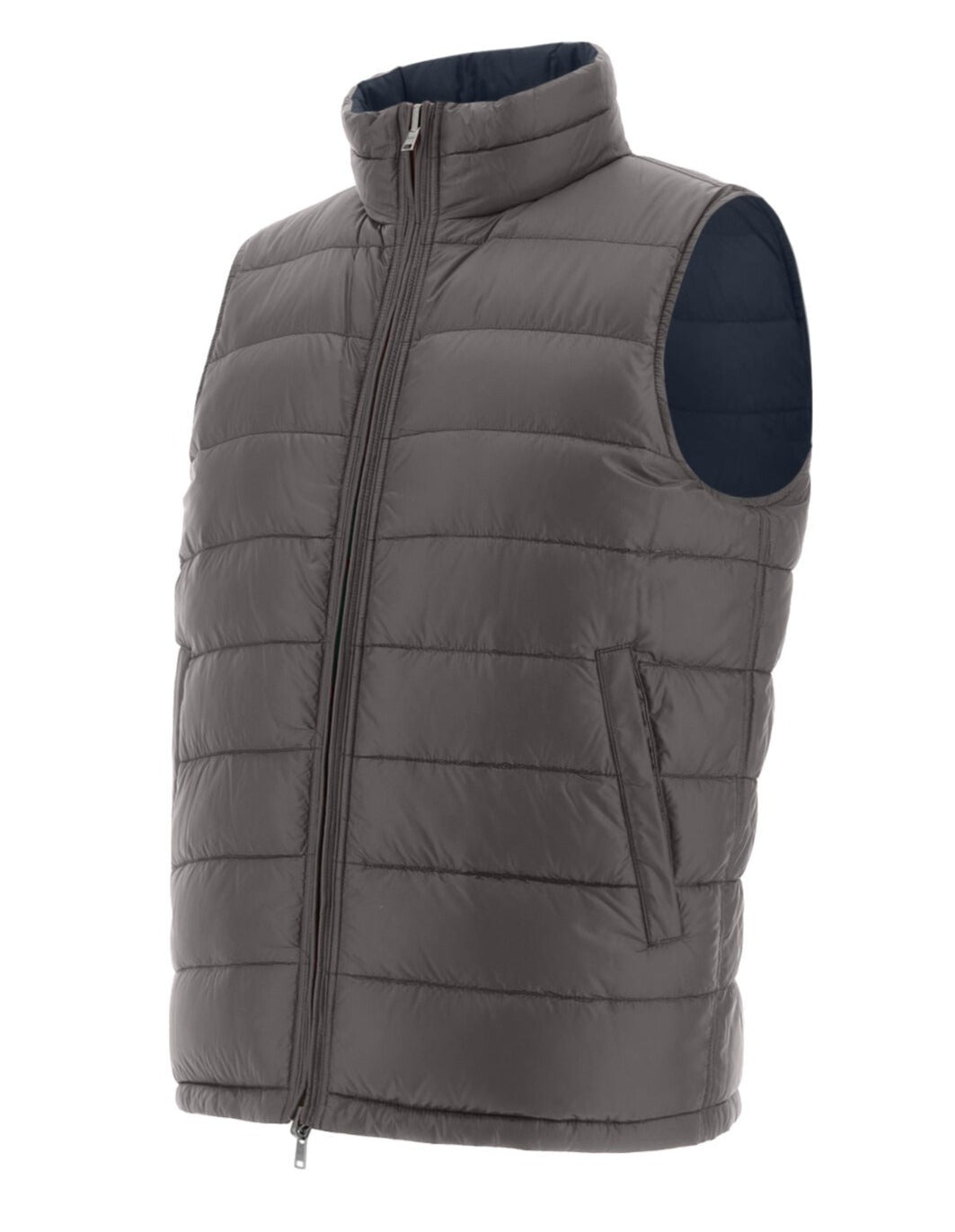 The Herno Men's Nylon Ultralight Reversible Vest, a grey, sleeveless, quilted puffer vest made from their signature Nylon Ultralight material, features a front zipper closure and convenient side pockets. Displayed against a white background.