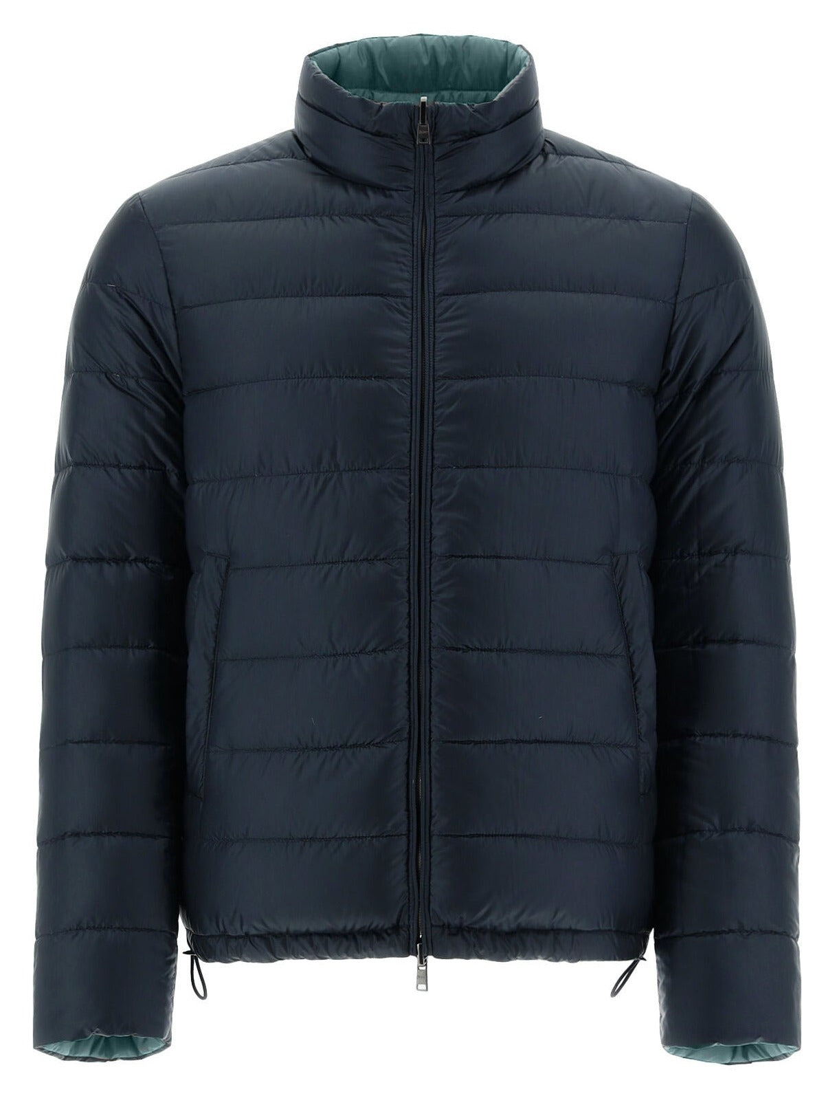 The Herno Men's Nylon Ultralight Reversible Jacket by Herno is a navy blue puffer jacket with a high collar and front zipper closure. It features horizontal quilted stitching and has green interior lining, making it water-resistant and perfect for versatile style while staying dry.