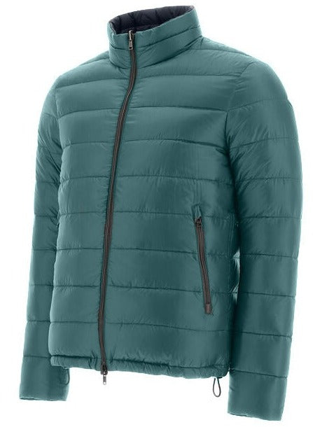 The Herno Men's Nylon Ultralight Reversible Jacket, in a striking teal color, boasts a quilted puffer design with a front zipper, two convenient side zipper pockets, and a high collar. This versatile piece from Herno is also water-resistant, ensuring you stay dry and stylish in any weather.