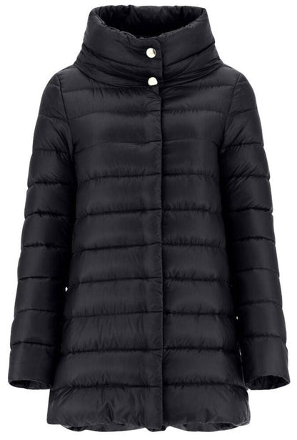 The Herno Amelia Jacket by Herno is a black, quilted puffer jacket featuring long sleeves, crafted from ultralight nylon, and designed with a high collar and buttons.