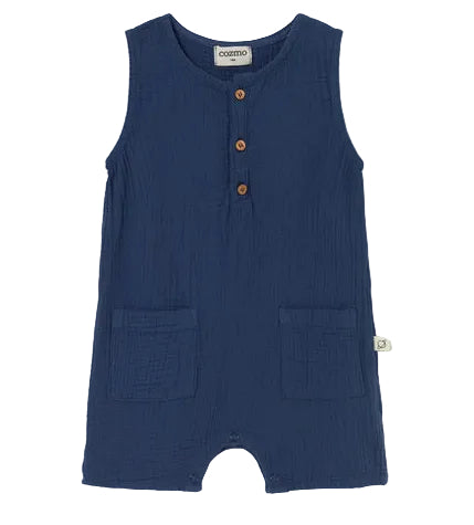 The Cozmo Baby Boys' Pine Romper is a sleeveless, navy blue cotton gauze jumpsuit featuring three wooden buttons on the chest and two front pockets, displayed against a plain white background.