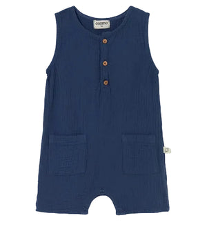 The Cozmo Baby Boys' Pine Romper is a sleeveless, navy blue cotton gauze jumpsuit featuring three wooden buttons on the chest and two front pockets, displayed against a plain white background.