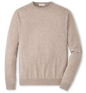 A Crown Heritage Cashmere Crewneck Sweater by Peter Millar in beige with long sleeves, laid flat on a white background.