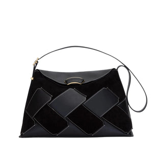 Introducing the 3.1 Phillip Lim ID Soft Shoulder Bag Woven Combo, a chic black handbag from 3.1 Phillip Lim, crafted from leather and suede. It features a geometric pattern of large, overlapping squares and an adjustable shoulder strap for ultimate versatility.